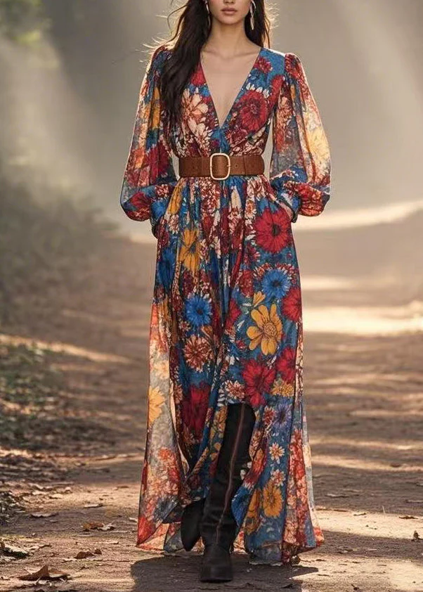 Stylish V Neck Print Chiffon Maxi Dress Spring - Image 5