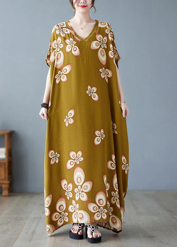 Stylish V Neck Print Cotton Beach Maxi Dresses Short Sleeve - Image 2