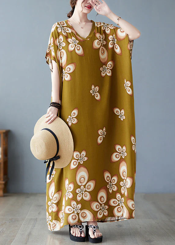 Stylish V Neck Print Cotton Beach Maxi Dresses Short Sleeve - Image 3