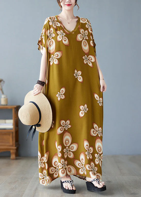 Stylish V Neck Print Cotton Beach Maxi Dresses Short Sleeve - Image 4