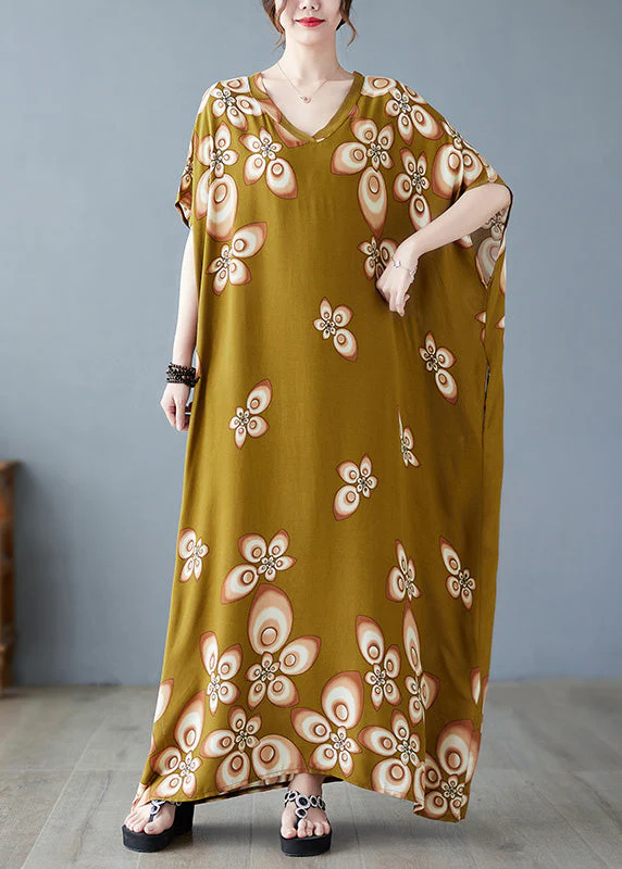 Stylish V Neck Print Cotton Beach Maxi Dresses Short Sleeve - Image 5