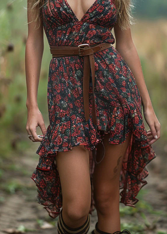 Stylish V Neck Ruffled Print Low High Design Cotton Dress Sleeveless - Image 4