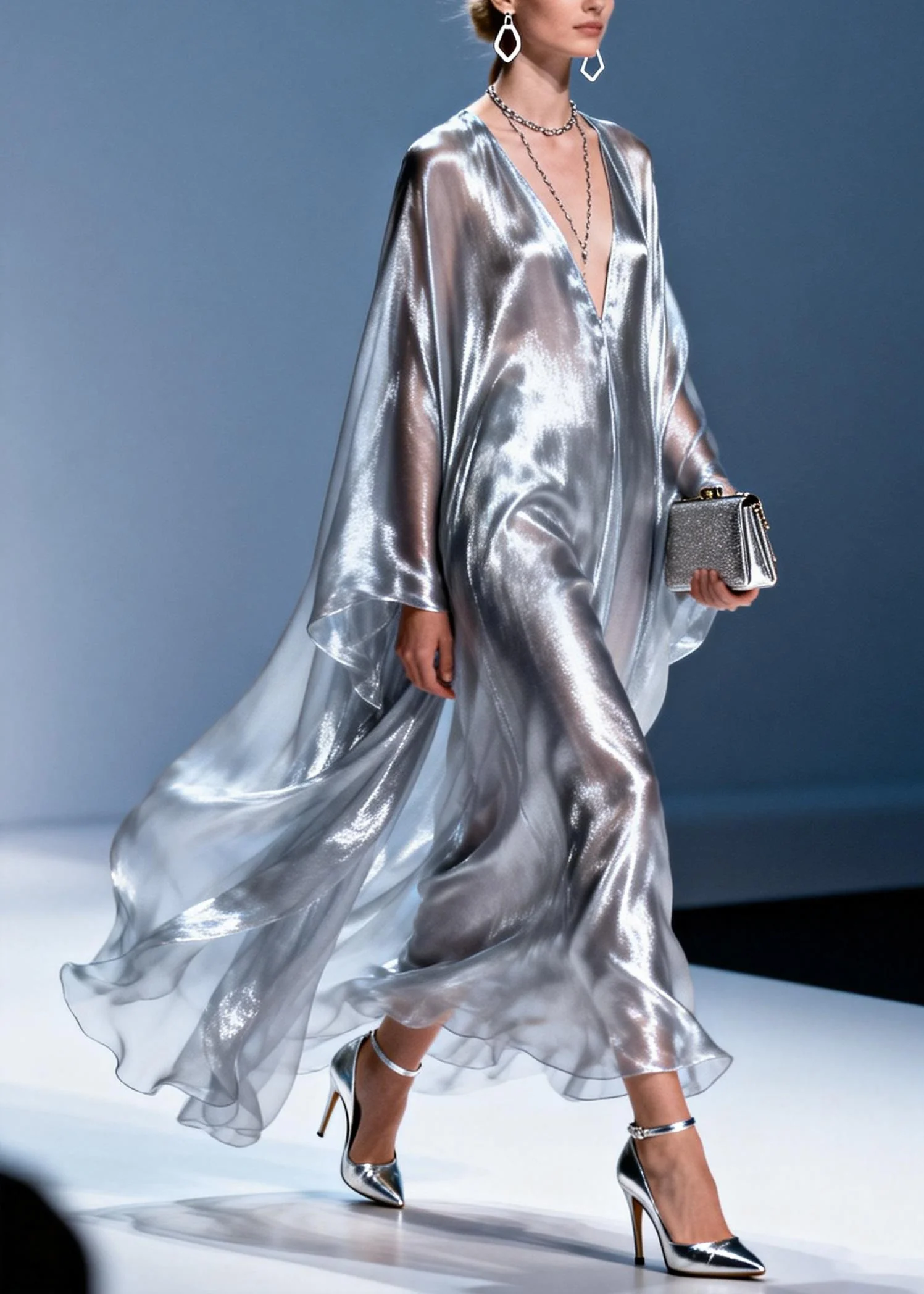 Stylish V Neck Silver Silk Long Dress Spring - Image 5