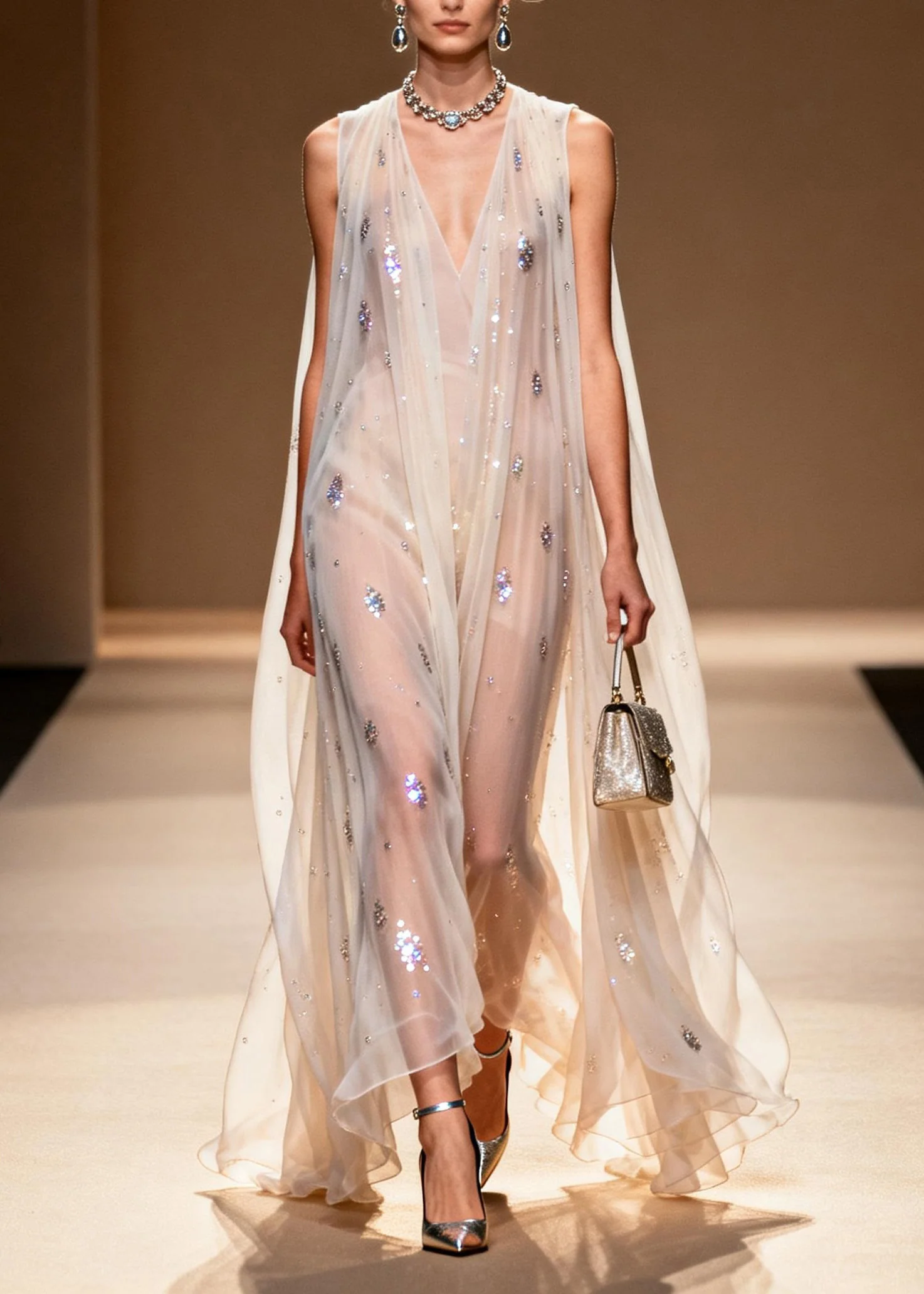 Stylish V Neck Zircon Chiffon Long Dresses Sleeveless - Image 3