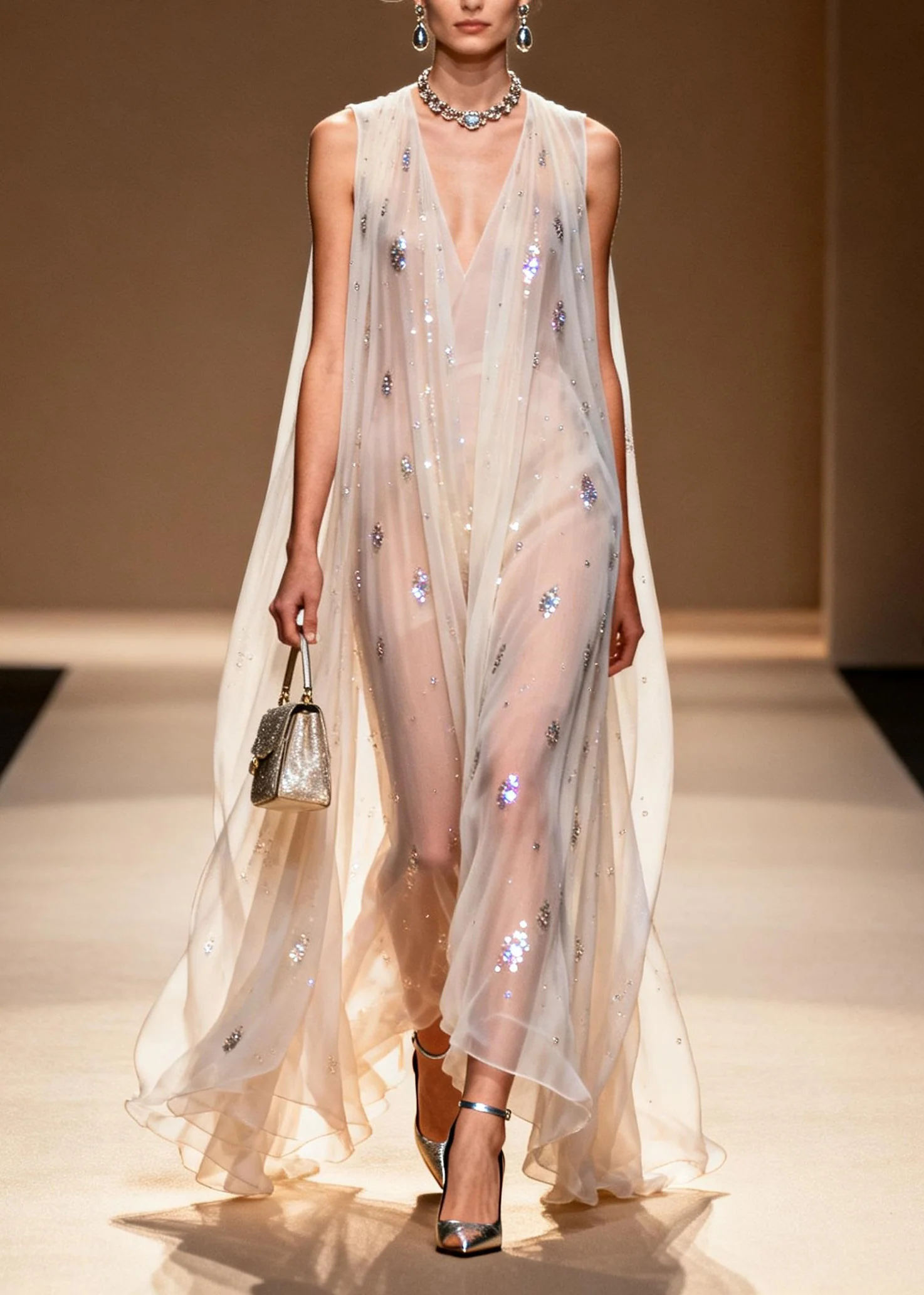 Stylish V Neck Zircon Chiffon Long Dresses Sleeveless - Image 5
