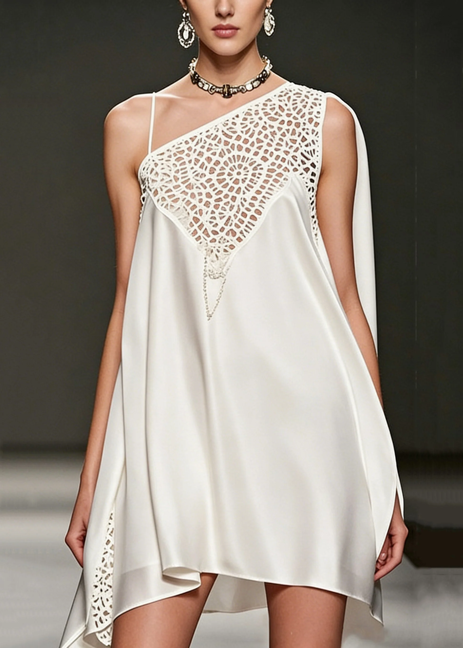 Stylish White Asymmetrical Hollow Out Silk Mini Dress Sleeveless - Image 5