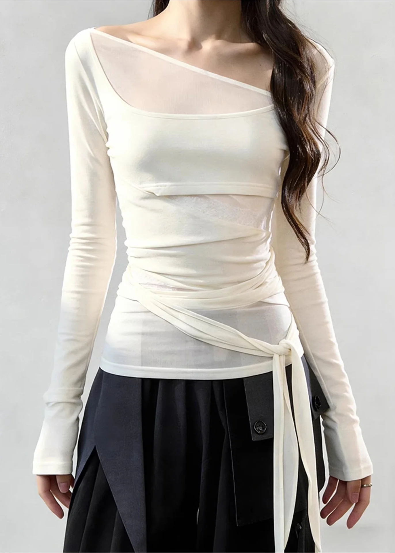 Stylish White Asymmetrical Lace Up Tulle Patchwork T Shirts Spring - Image 2