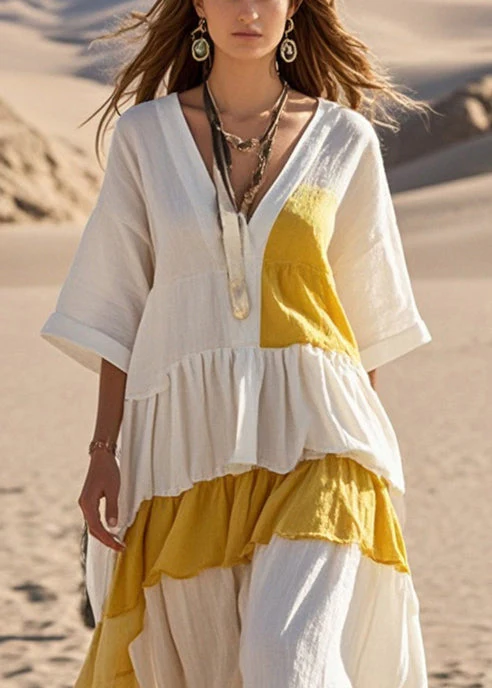Stylish White Asymmetrical Patchwork Cotton Holiday Dress Bracelet Sleeve - Image 2