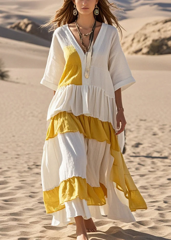 Stylish White Asymmetrical Patchwork Cotton Holiday Dress Bracelet Sleeve - Image 3