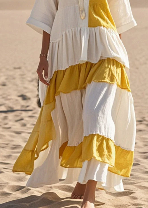 Stylish White Asymmetrical Patchwork Cotton Holiday Dress Bracelet Sleeve - Image 4