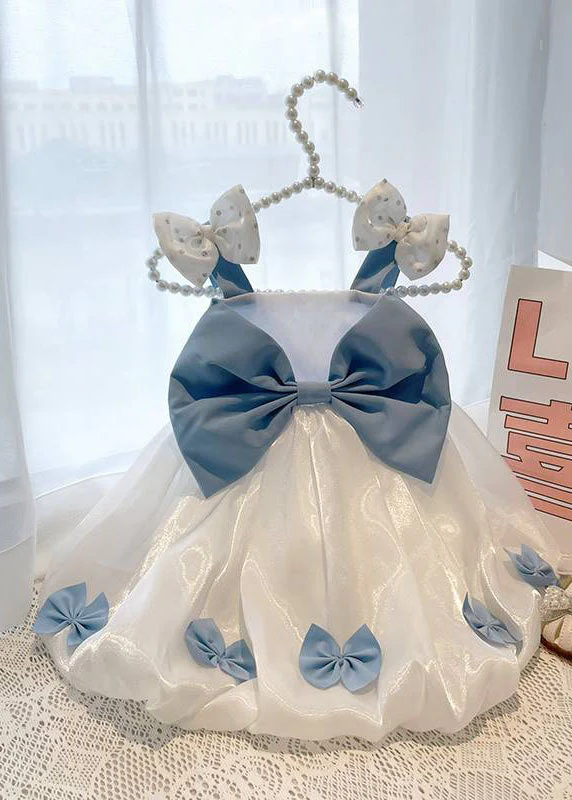 Stylish White Bow Patchwork Tulle Kids Girls Long Dress Sleeveless