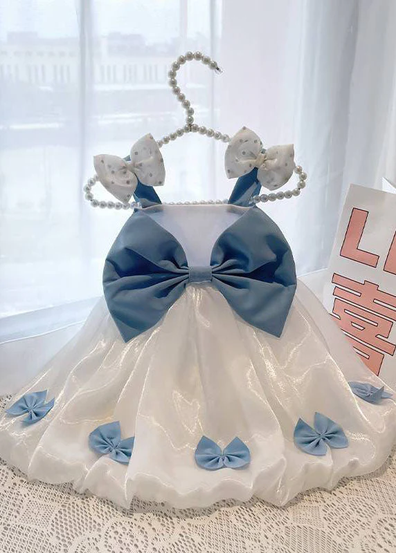 Stylish White Bow Patchwork Tulle Kids Girls Long Dress Sleeveless - Image 3