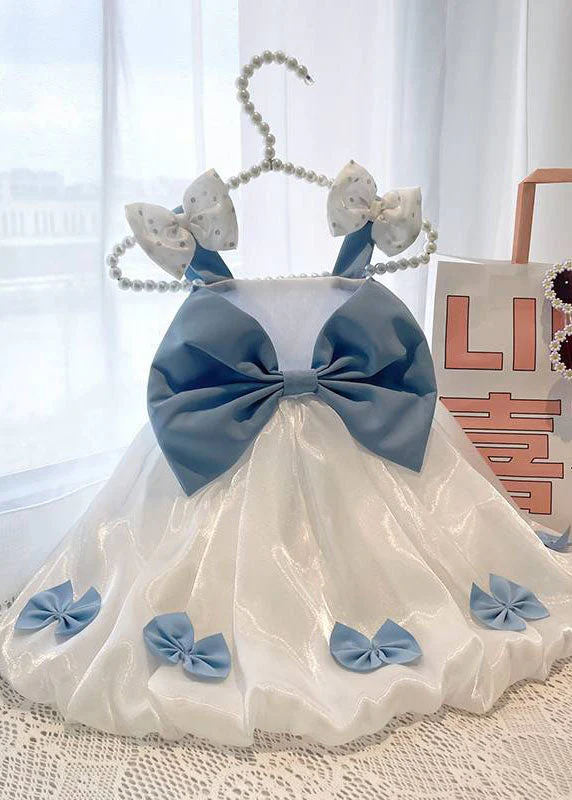 Stylish White Bow Patchwork Tulle Kids Girls Long Dress Sleeveless - Image 4