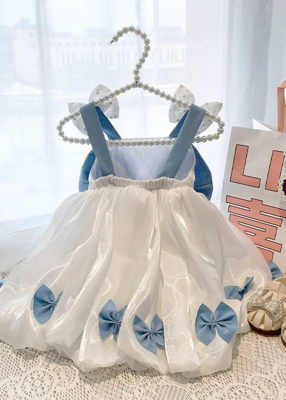 Stylish White Bow Patchwork Tulle Kids Girls Long Dress Sleeveless - Image 5