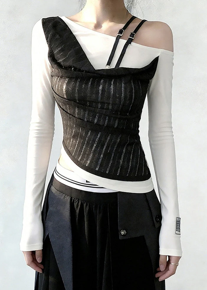 Stylish White Cold Shoulder False Two Pieces Patchwork Cotton T Shirts Spring - Image 2
