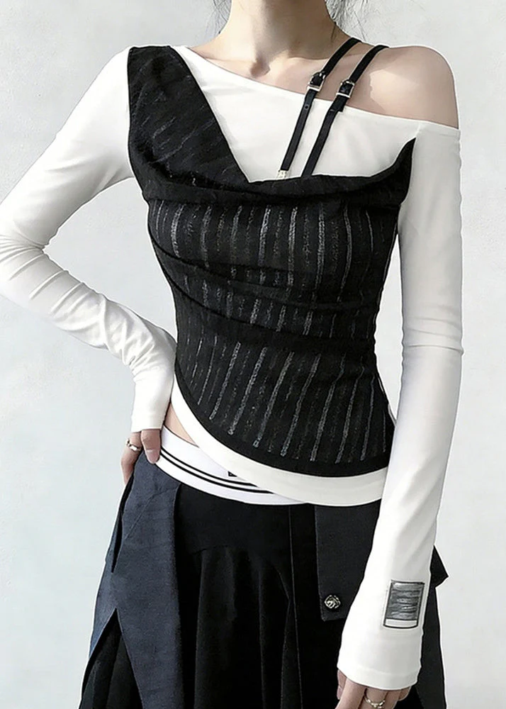 Stylish White Cold Shoulder False Two Pieces Patchwork Cotton T Shirts Spring - Image 3