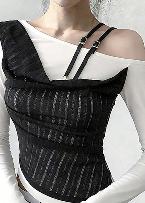 Stylish White Cold Shoulder False Two Pieces Patchwork Cotton T Shirts Spring - Image 4