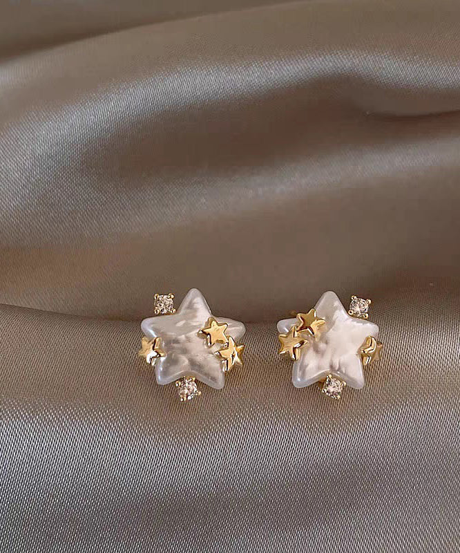 Stylish White Copper Alloy Zircon Star Pearl Stud Earrings - Image 4