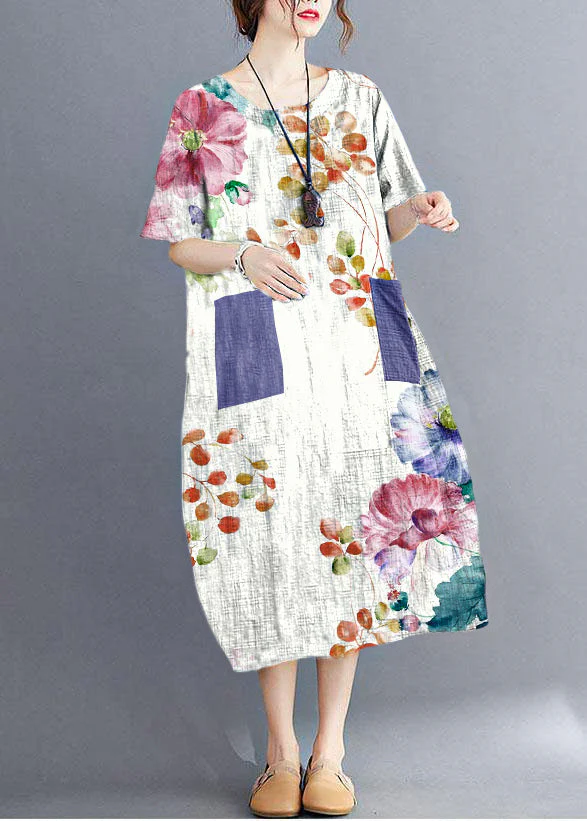 Stylish White flowers O Neck Plaid Maxi Dresses Cotton Linen Summer