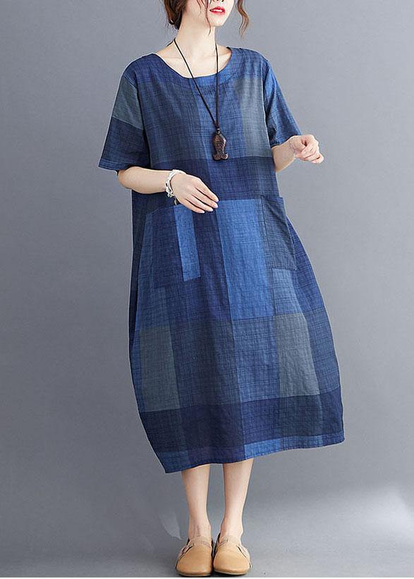 Stylish White flowers O Neck Plaid Maxi Dresses Cotton Linen Summer - Image 2