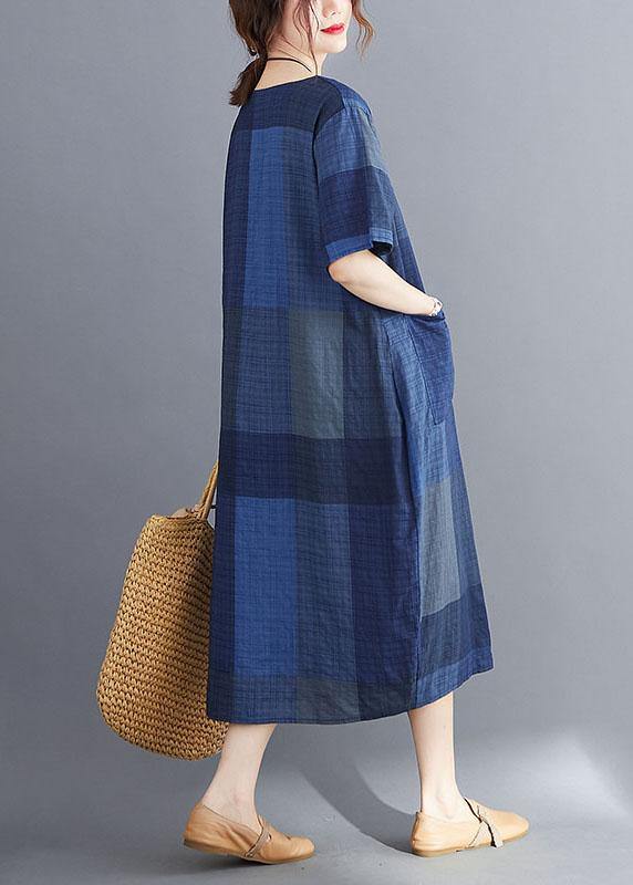 Stylish White flowers O Neck Plaid Maxi Dresses Cotton Linen Summer - Image 5