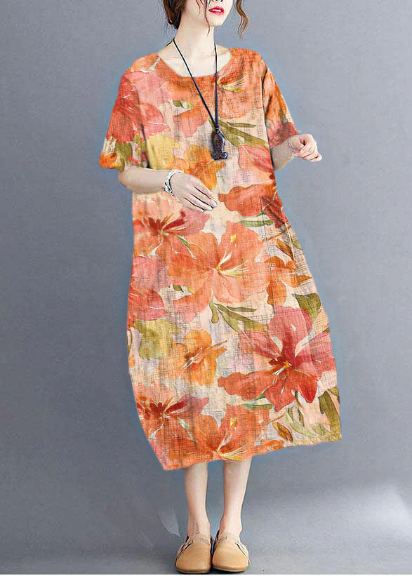 Stylish White flowers O Neck Plaid Maxi Dresses Cotton Linen Summer - Image 7