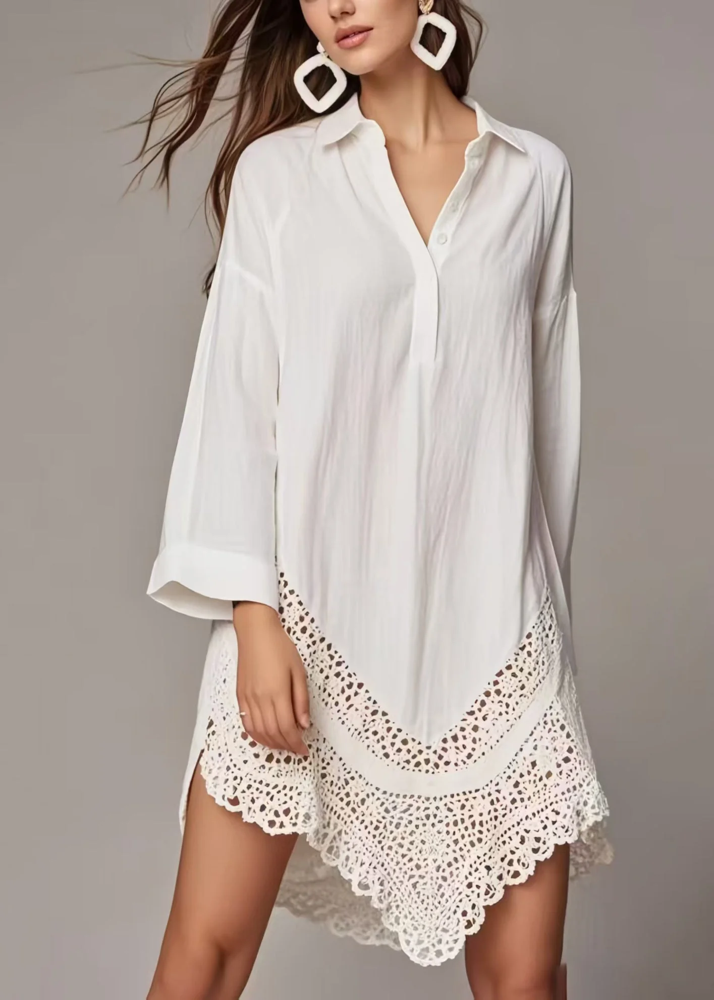 Stylish White Hollow Out Cotton Shirt Dress Spring - Image 5