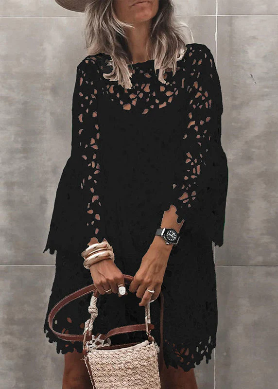 Stylish White Hollow Out Solid Lace Mid Dresses Flare Sleeve - Image 2