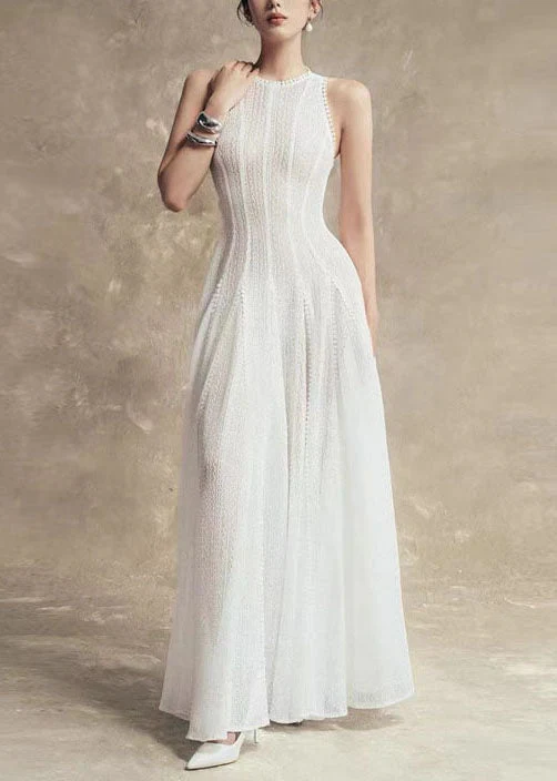 Stylish White Hollow Out Solid Lace Party Dress Sleeveless