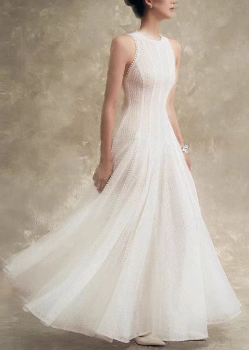 Stylish White Hollow Out Solid Lace Party Dress Sleeveless - Image 4