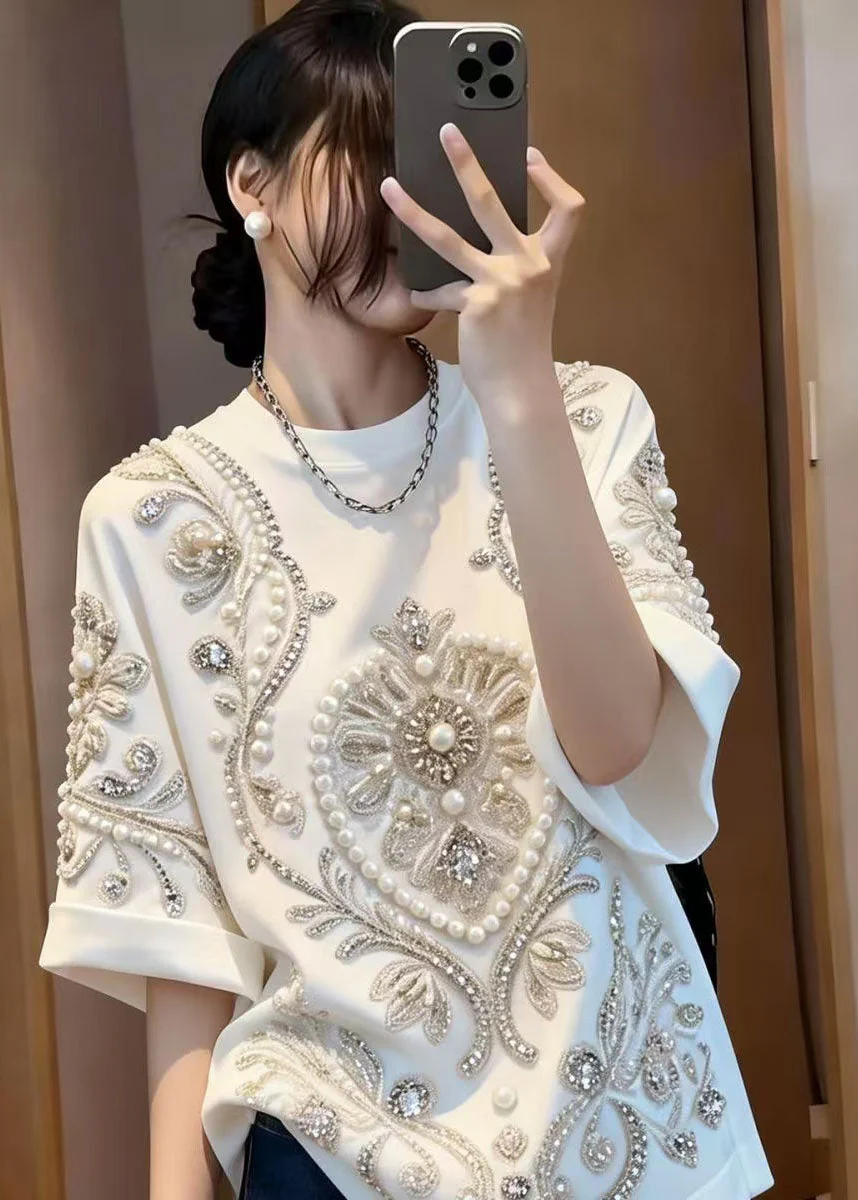 Stylish White O Neck Handmade Nail Bead Cotton T Shirt Summer - Image 2