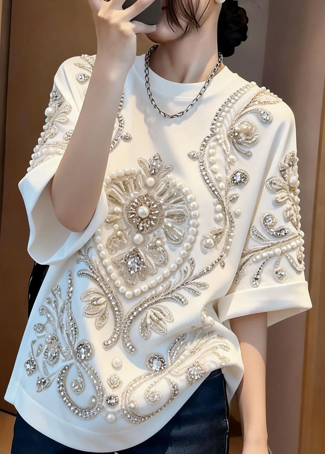 Stylish White O Neck Handmade Nail Bead Cotton T Shirt Summer - Image 3