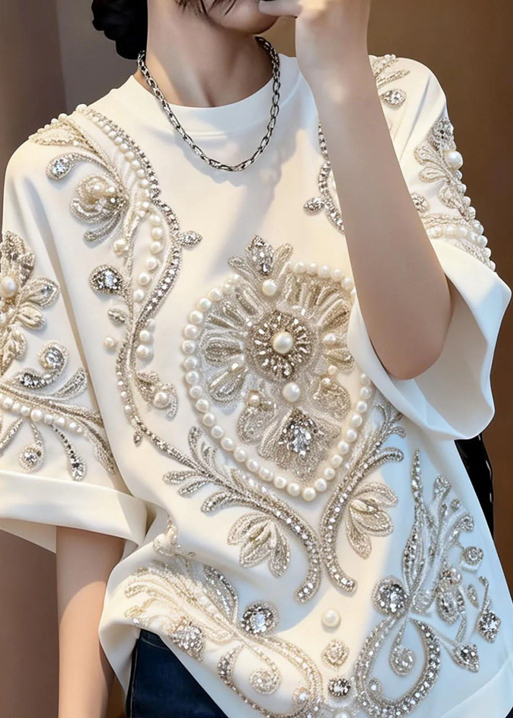 Stylish White O Neck Handmade Nail Bead Cotton T Shirt Summer - Image 5