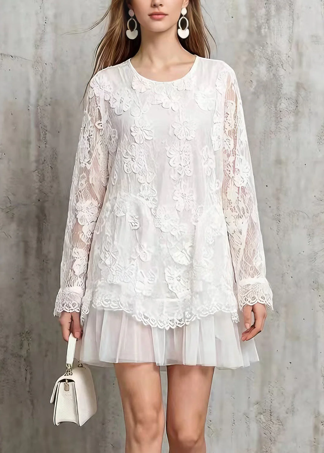 Stylish White O Neck Tulle Patchwork Lace Mid Dresses Spring - Image 2
