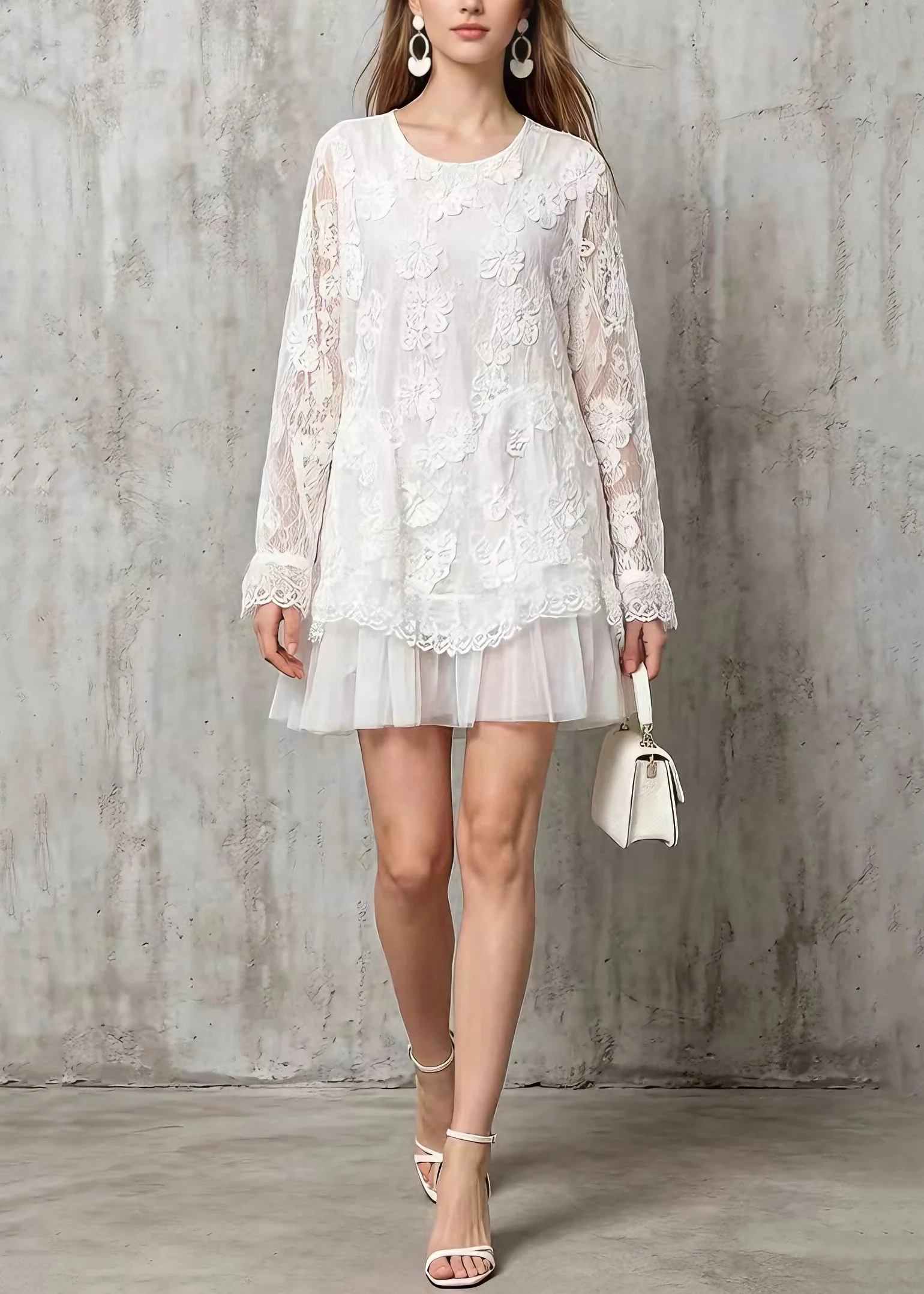 Stylish White O Neck Tulle Patchwork Lace Mid Dresses Spring - Image 3