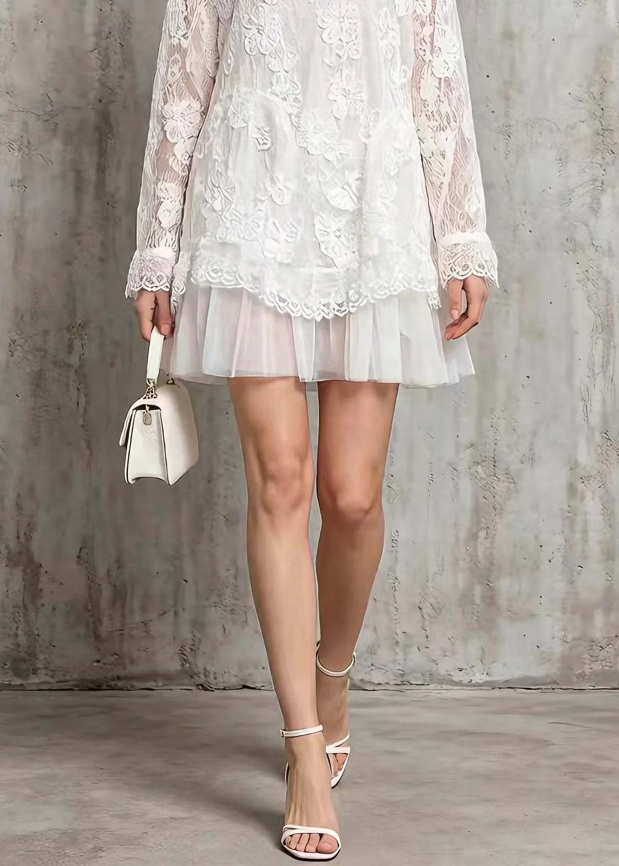 Stylish White O Neck Tulle Patchwork Lace Mid Dresses Spring - Image 4