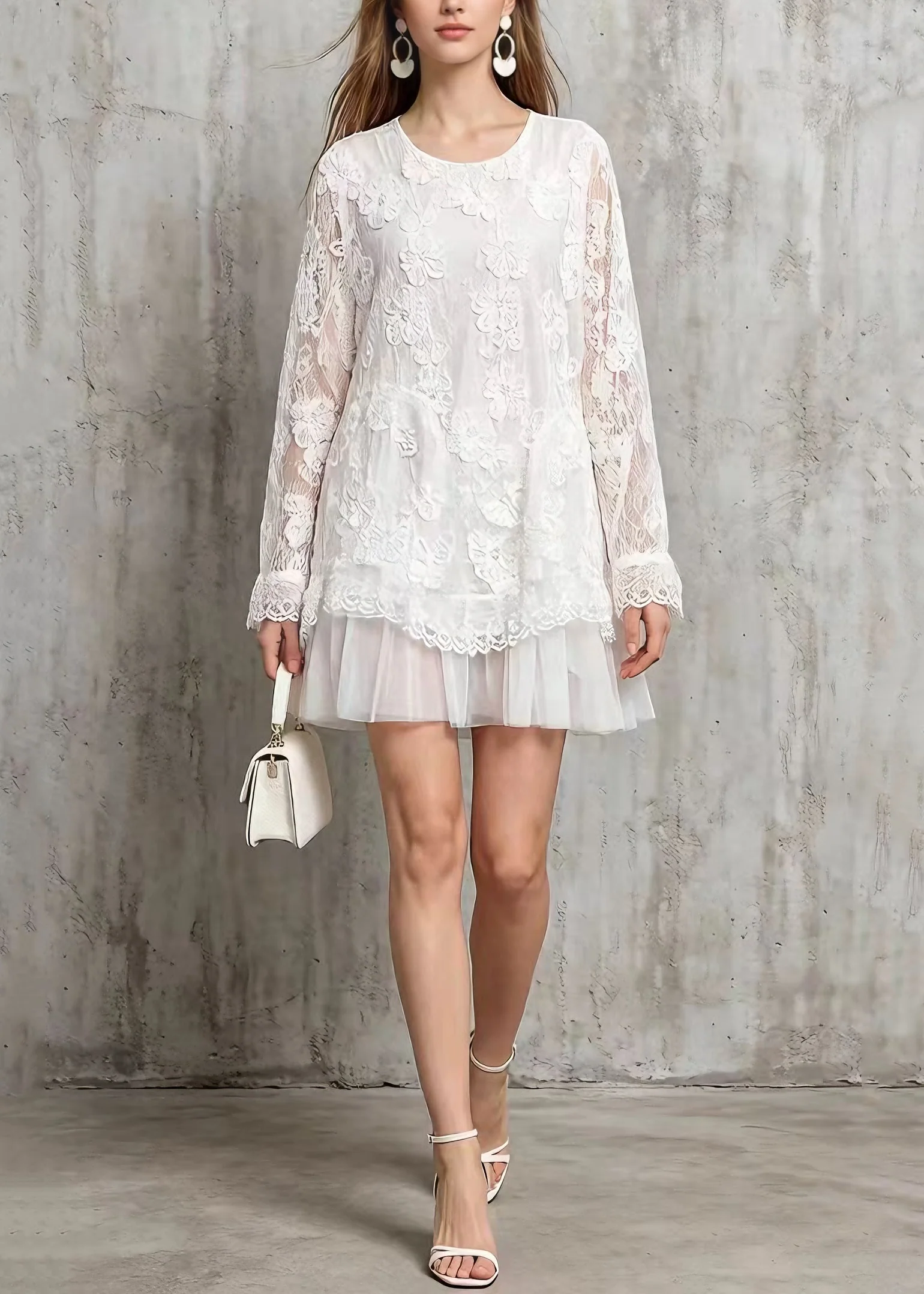 Stylish White O Neck Tulle Patchwork Lace Mid Dresses Spring - Image 5