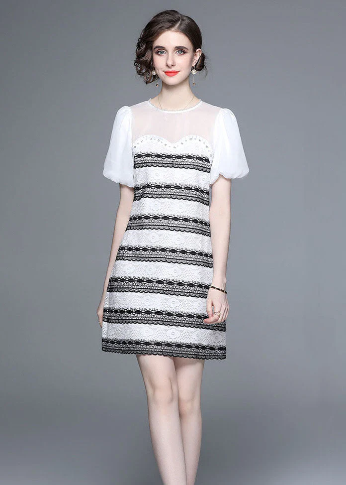 Stylish White O-Neck Zircon Tulle Patchwork Lace Mid Dress Summer