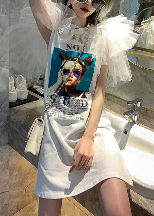 Stylish White Original Design Print Patchwork Cotton T Shirt Dresses Butterfly Sleeve - Image 3