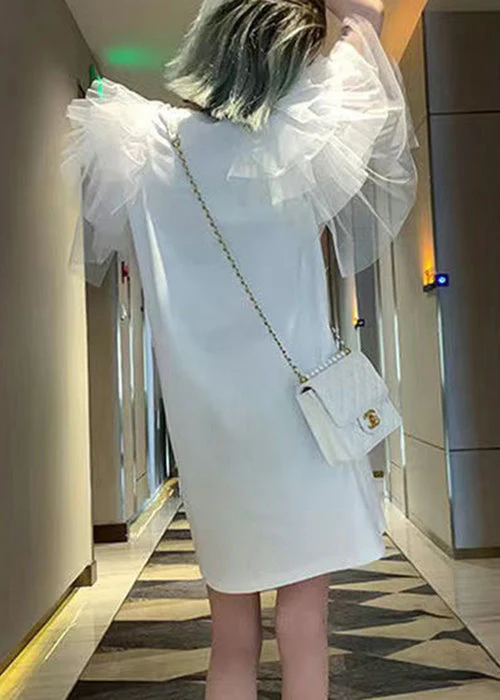 Stylish White Original Design Print Patchwork Cotton T Shirt Dresses Butterfly Sleeve - Image 4