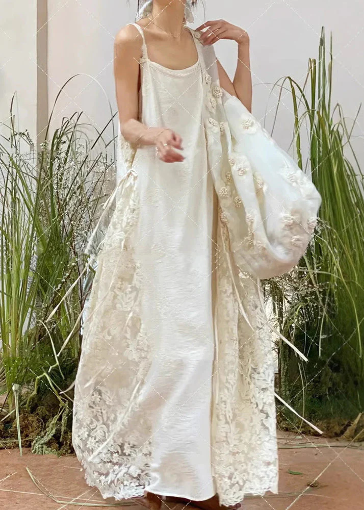 Stylish White Oversized Patchwork Lace Spaghetti Strap Dress Summer - Image 2