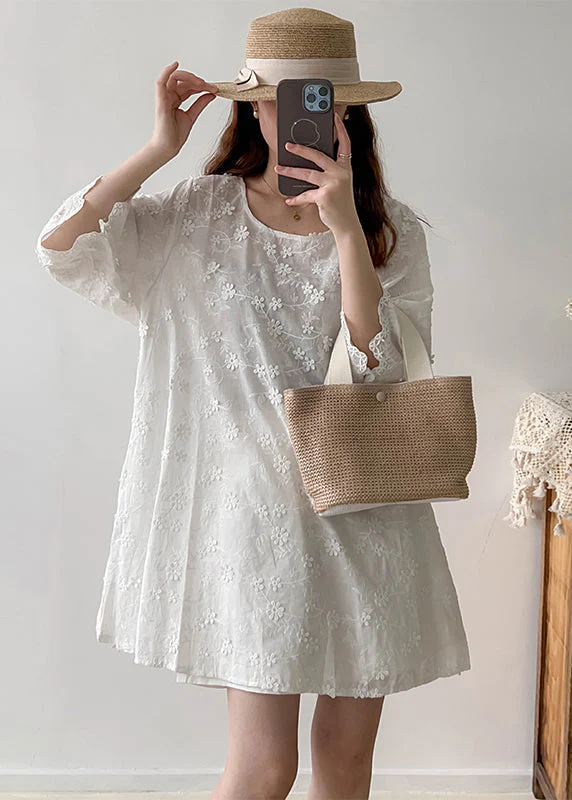 Stylish White Oversized Stereoscopic Floral Cotton Vacation Dress Summer - Image 2