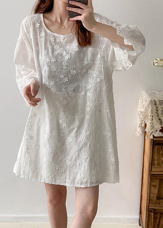 Stylish White Oversized Stereoscopic Floral Cotton Vacation Dress Summer - Image 3