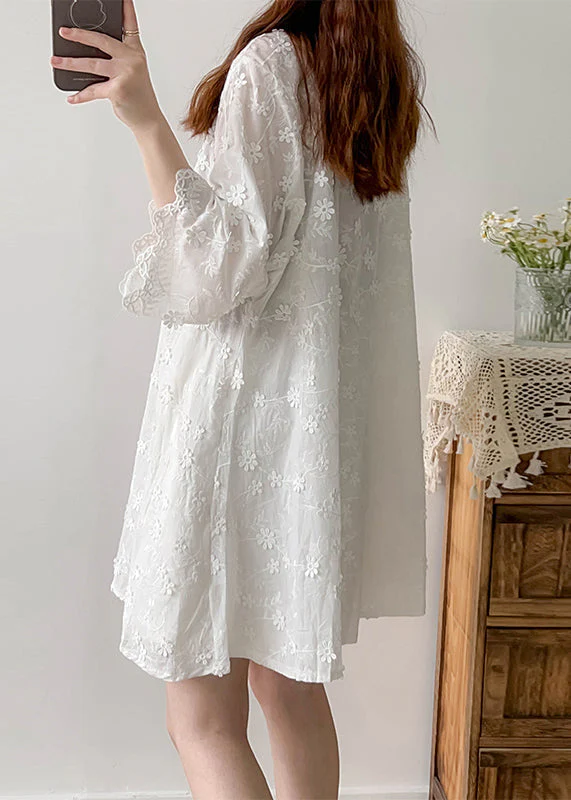 Stylish White Oversized Stereoscopic Floral Cotton Vacation Dress Summer - Image 4