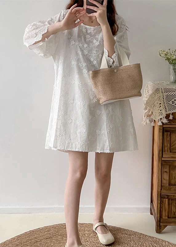 Stylish White Oversized Stereoscopic Floral Cotton Vacation Dress Summer - Image 5