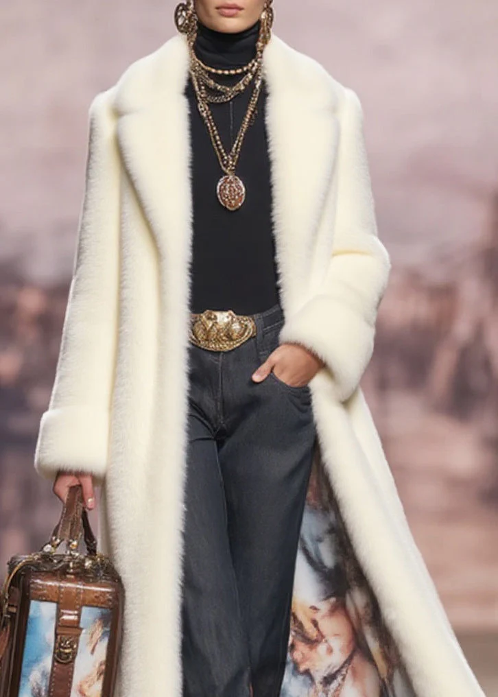 Stylish White Peter Pan Collar Pockets Faux Fur Coat Winter - Image 2