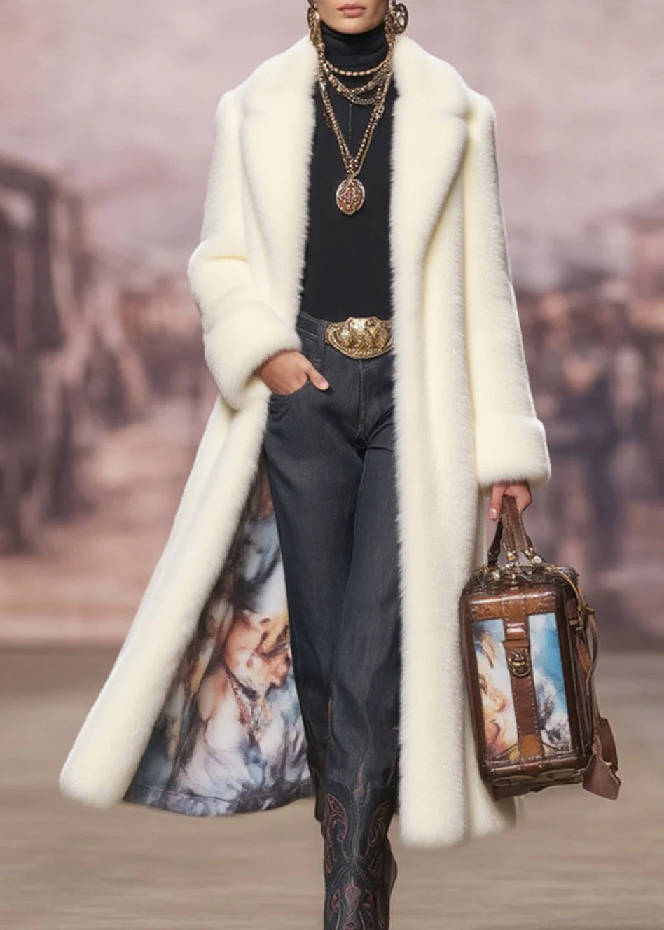Stylish White Peter Pan Collar Pockets Faux Fur Coat Winter - Image 3