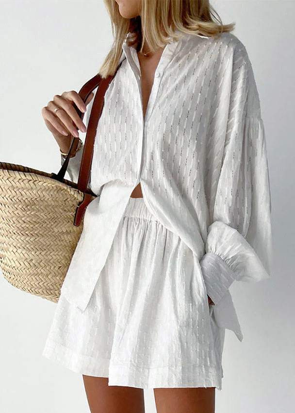 Stylish White Peter Pan Collar Striped Shirts And Shorts Two Pieces Set Lantern Sleeve