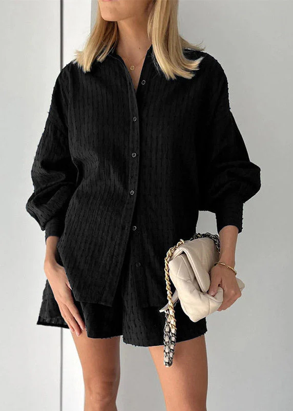 Stylish White Peter Pan Collar Striped Shirts And Shorts Two Pieces Set Lantern Sleeve - Image 3