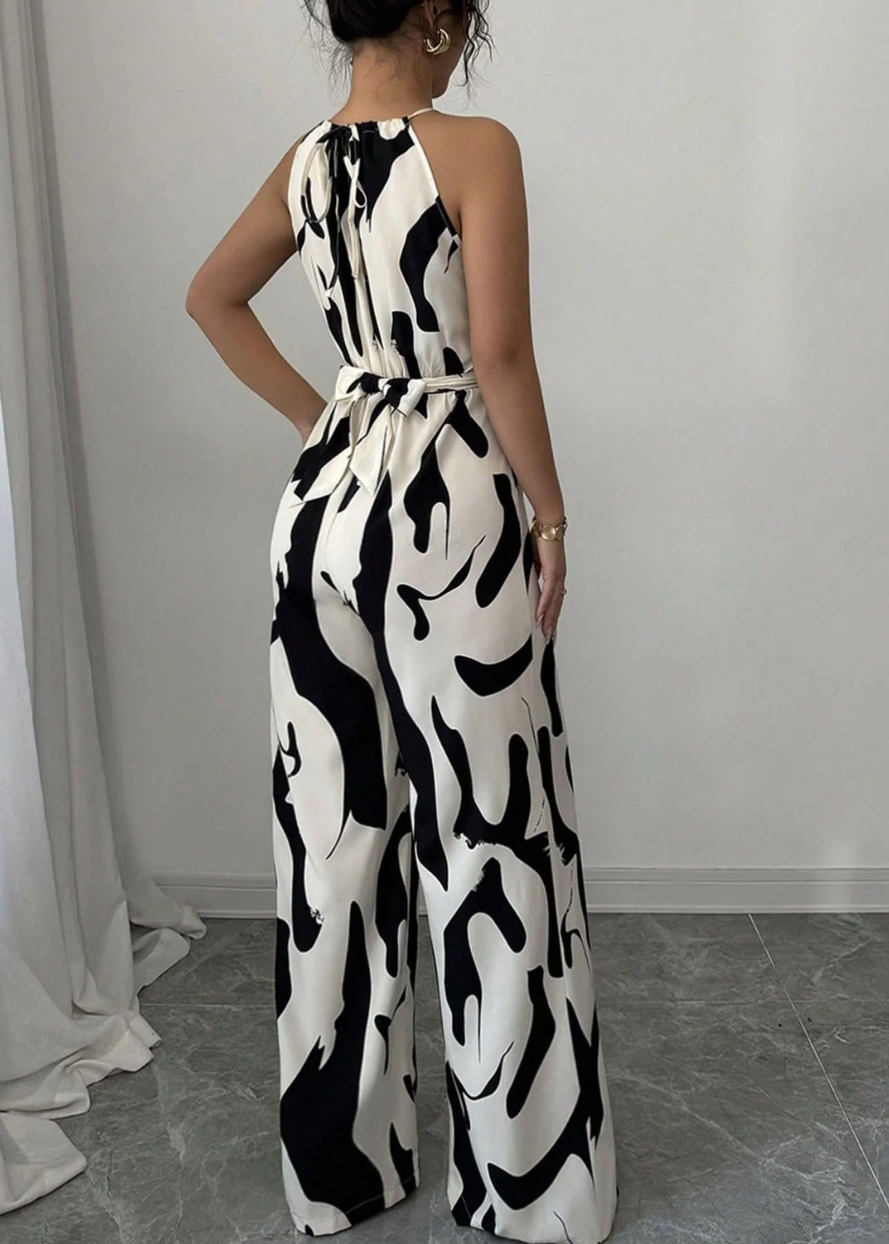 Stylish White Print Lace Up Cotton Jumpsuits Sleeveless - Image 5